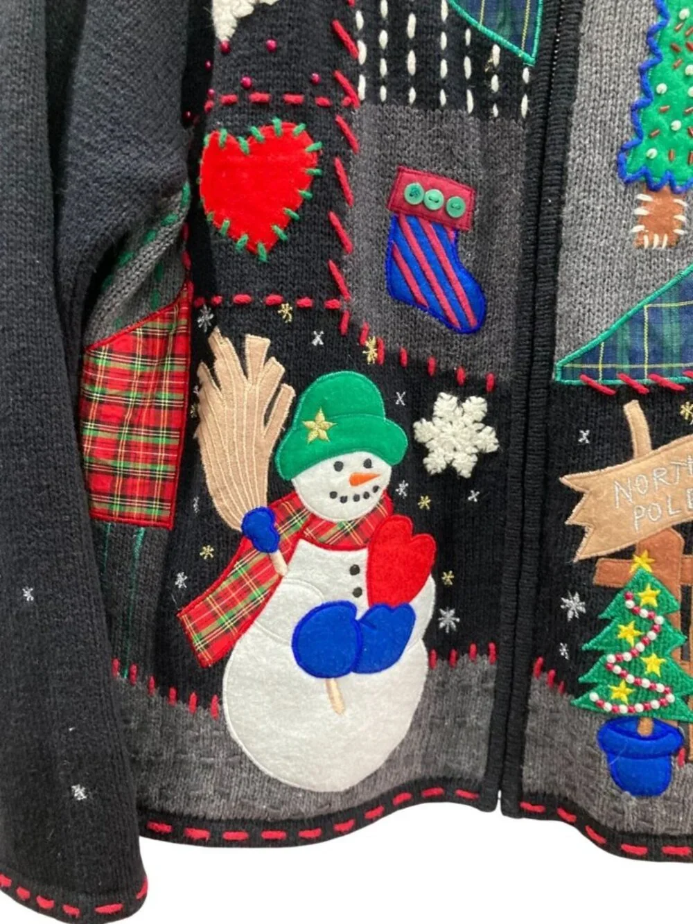 Designers Studio Patchwork Christmas Cardigan PL Black Sweater Snowman Holiday